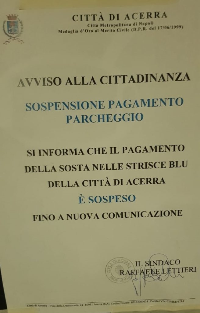 acerra. avviso sindaco pagamento sospeso sosta